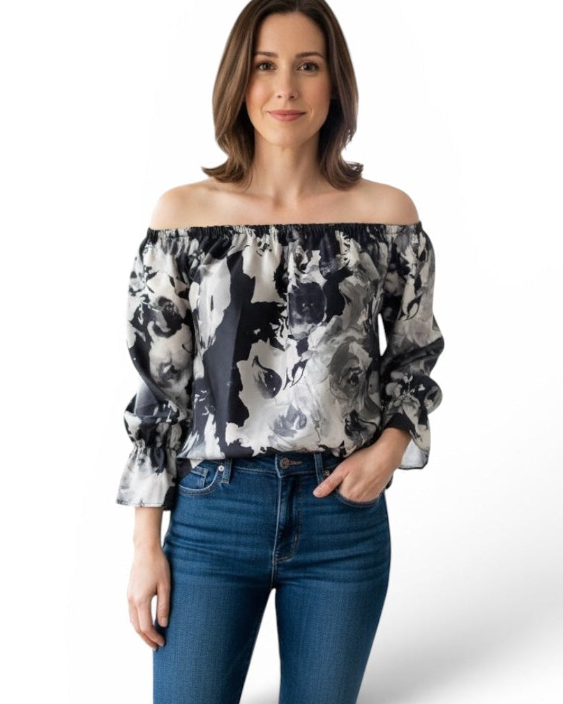Women's Satin Off-Shoulder Floral Blouse _ Long Sleeve Elegant Casual Top