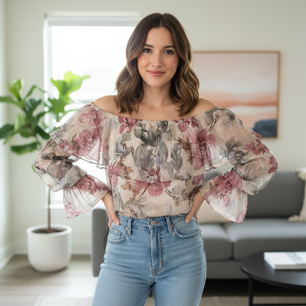 Women's Satin Off-Shoulder Floral Blouse _ Long Sleeve Elegant Casual Top