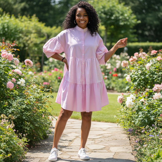 Women's Pink Striped Cotton Skirt Dress_ Puff Sleeve Tiered Mini Dress