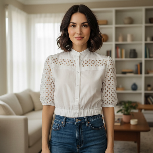 Women's Cotton Eyelet Button-Down Blouse_ Puff Sleeve